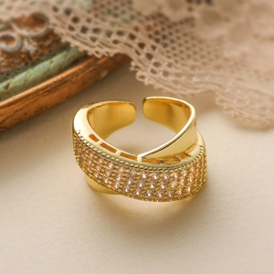Luxurious 18K gold plated geometric crossover ring with sparkling zircon stones