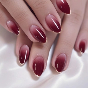 Wine Red Gradient Press On Nails French Style Oval Fake Nails With Gold Glitter Glossy Artificial Fingernails For Women
