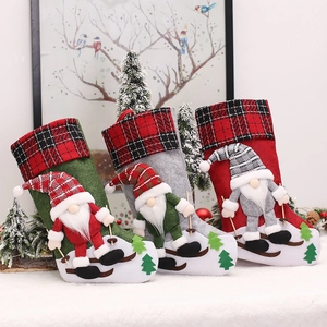 3D Skier Gnome Christmas Stocking With Plaid Cuff Knitted Hanging Gift Bag For Fireplace Christmas Tree Decor Red Green Grey