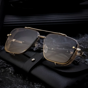 Luxury square metal frame sunglasses with side shields on black leather case