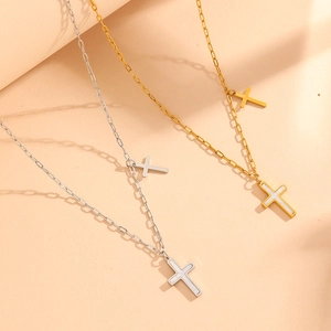 Minimalist stainless steel cross pendant necklaces in gold and silver finish set of two