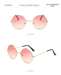 Detail view of gold round sunglasses with gradient pink lenses from front and side angles