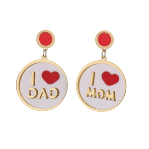 Gold Mom and Dad acrylic drop earrings with red hearts on a clean white background