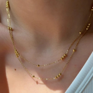Elegant gold plated double layer stainless steel necklace with round beads for women
