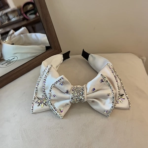 Elegant white satin bow headband with sparkling rhinestones and stars for women