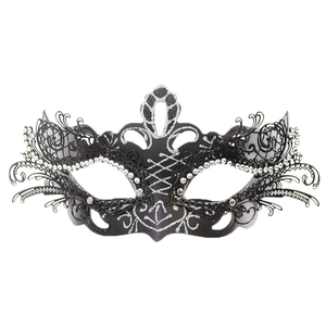 Close-up of black metal butterfly mask with silver glitter and rhinestone details