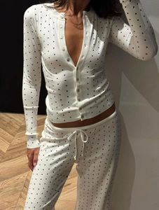 Pyjama Cardigan Et Pantalon À Pois Femme Tricot Coton Manches Longues Loungewear Rétro Gaufre Doux Nuit