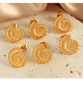 Detailed view of 18K gold plated nautilus shell earrings on silk and stone background