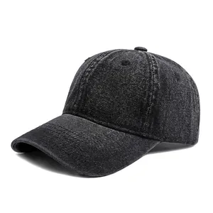 Classic washed denim baseball cap in dark grey with adjustable soft top and curved brim