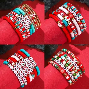 Christmas multilayer polymer clay bead bracelets with festive charms and holiday greetings