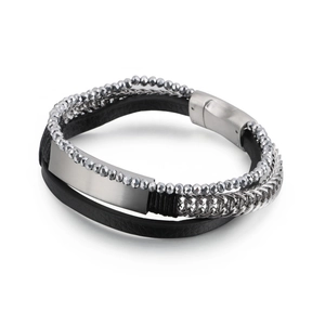 Men's multilayer black leather bracelet with braided metal chains and magnetic clasp