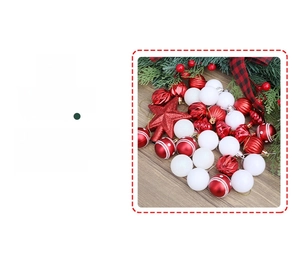 Detail of red and white assorted Christmas ornaments with star and textured ball shapes