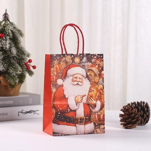 Christmas kraft paper gift bag featuring Santa Claus illustration with red rope handles