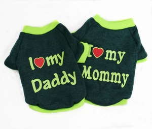 Detailed close-up of thick fleece dog sweaters with I Love Mommy and Daddy embroidery