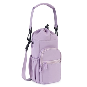 Purple nylon water bottle carrier bag with shoulder strap and drawstring closure