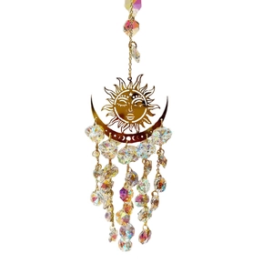 Golden sun and moon crystal suncatcher with rainbow beads for outdoor hanging decor