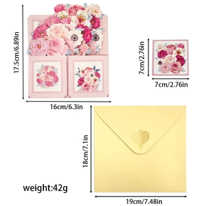 3D floral greeting card set with envelopes and size specifications on white background