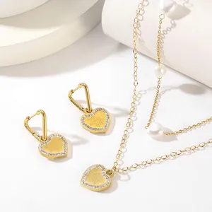 Heart Pendant Necklace And Earrings Stainless Steel Rhinestone Imitation Artificial Pearl Engraved Love You Double Layer Fashion For Women