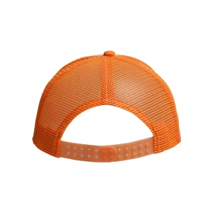 Detail view of orange mesh trucker hat featuring breathable netting and adjustable strap back