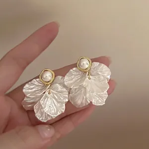Flower Petal Dangle Earrings With 925 Sterling Silver Earring Post Faux Artificial Pearl Elegant Vintage French Style For Women