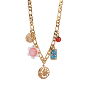 Gold bohemian charm necklace featuring sun, moon, ladybug, and flower pendants on a link chain