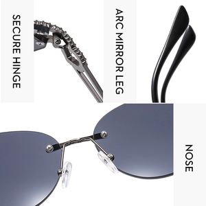 Detailed views of rimless Y2K sunglasses showing secure hinges and grey tinted lenses