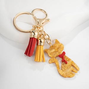 Cute Cat Keychain Acrylic Resin Amber Texture Gold Metal Loop Suede Tassels Fashion Bag Pendant Charm
