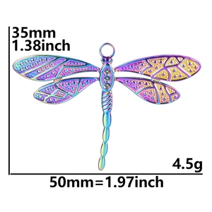 Macro view of rainbow stainless steel dragonfly pendant with crystals and dimensions