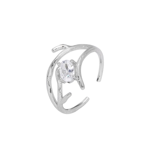 Adjustable S925 sterling silver branch ring with sparkling oval-cut zircon stone