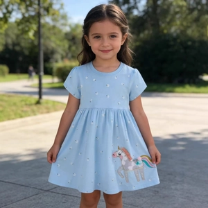 Girls Cotton Knit Dress Short Sleeve Unicorn Applique Floral Print Summer Princess Style Cute Toddler