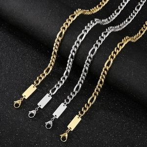 Figaro Chain Necklace Bracelet Stainless Steel Blank ID Tag Rectangular Plate Hip Hop Fashion Jewelry For Men