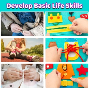 Macro detail of toddler busy board showing zippers, laces and buttons for life skill training