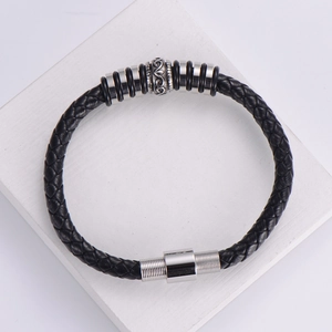 Men's punk braided black leather bracelet with vintage engraved steel beads