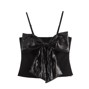 Débardeur Camisole Femme Sexy Noir À Paillettes Avec Nœud Coupe Ajustée Style Spicy Girl Polyester Bretelles Réglables