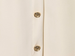 Detalle de tela de sarga beige y botones de metal dorado con relieve de león en chaleco