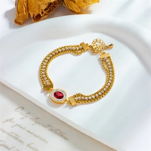 Luxurious gold-plated layered bracelet with red ruby zircon and sparkling white crystals