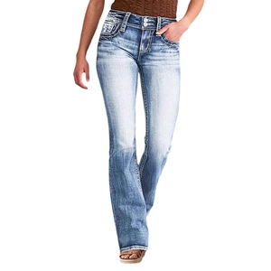 High waist flared denim jeans for women with vintage wash and double button closure
