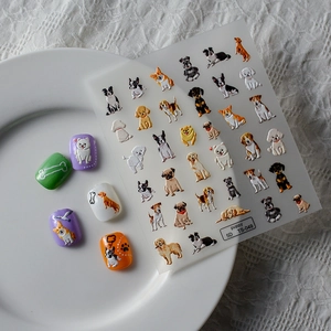 Stickers à ongles 5D chiots avec motifs Corgi et Bouledogue sur fond de dentelle blanche