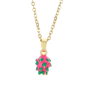 Gold stainless steel dragon fruit pendant necklace with vibrant pink and green enamel