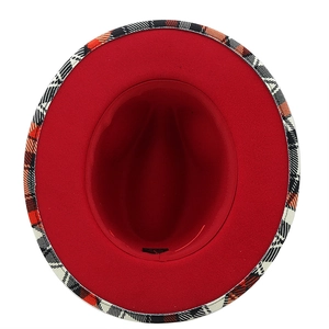 British style wide brim felt fedora hat featuring red lining and tartan plaid patterns