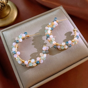 Boho C-Shape Hoop Earrings With Multi-Color Crystal Beads And Silver Earring Post Handmade Copper Jewelry For Women