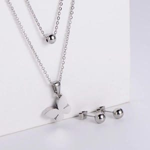 Minimalist silver-tone titanium steel jewelry set with butterfly pendant and ball earrings