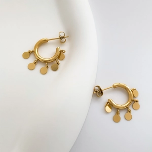 Elegant gold-plated stainless steel hoop earrings with five round dangling discs