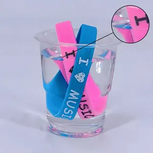 Waterproof I Love Music silicone wristbands in pink and blue for music festivals