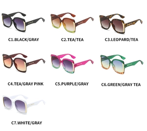 Collage of oversized sunglasses in seven colors with elegant gold metal temple details