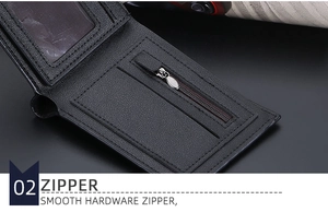 Detail of men's leather wallet featuring a smooth zipper pocket and clear ID window
