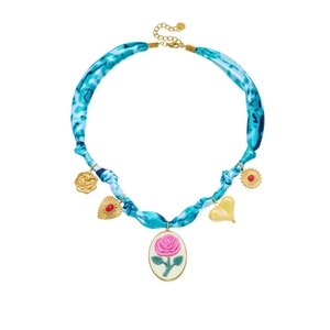 Tie-dye blue ribbon necklace with gold heart charms and pink rose oval pendant