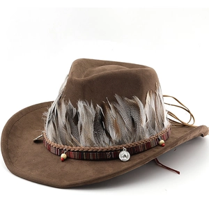 Chapeau De Cowboy Western Rétro Large Bord Suède Plume Bande Tissée Ethnique Charmes Métal Mode Hommes Femmes