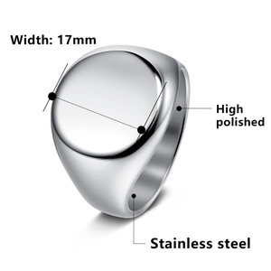 Minimalist high polished stainless steel round signet ring for men with 17mm wide face