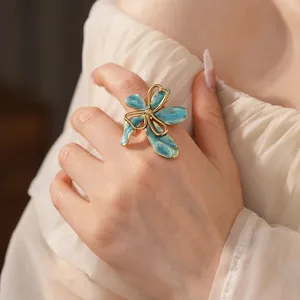 Vintage blue enamel flower open ring with gold metallic frame for women